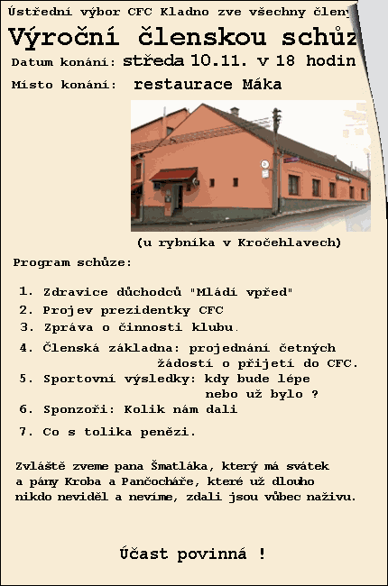 Pozvánka na scůzi 10.11. v 18h - Restaurace Máka